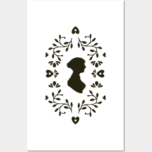 Jane Austen Silhouette Surrounded By Botanical Folk Art and Butterflies Posters and Art